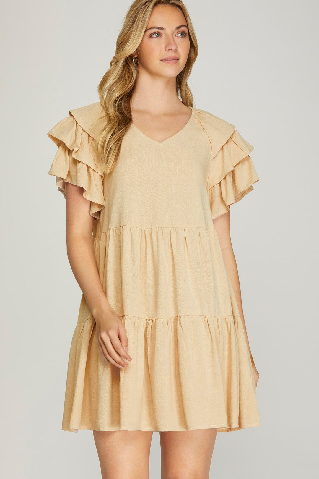 RUFFLE SLEEVE V NECK TIERED WOVEN DRESS WITH SIDE POCKETS