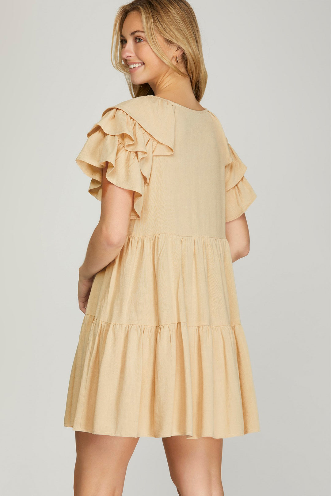 RUFFLE SLEEVE V NECK TIERED WOVEN DRESS WITH SIDE POCKETS
