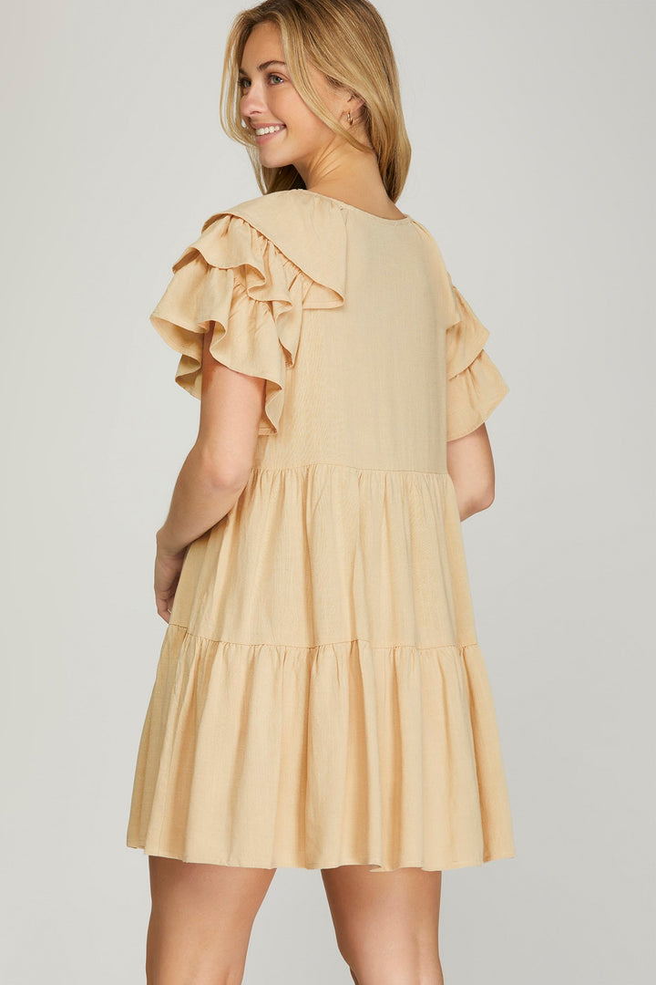 RUFFLE SLEEVE V NECK TIERED WOVEN DRESS WITH SIDE POCKETS