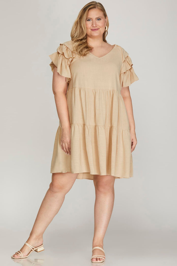PLUS - RUFFLE SLEEVE V NECK TIERED WOVEN DRESS WITH SIDE POCKETS