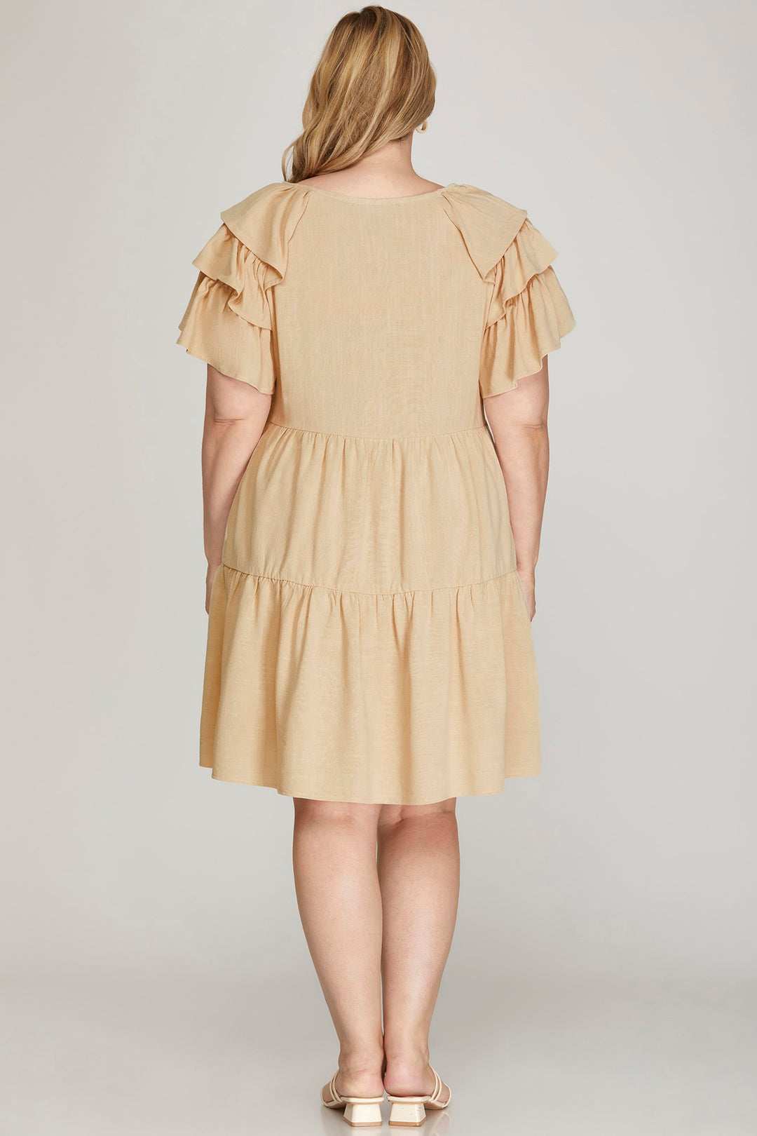PLUS - RUFFLE SLEEVE V NECK TIERED WOVEN DRESS WITH SIDE POCKETS