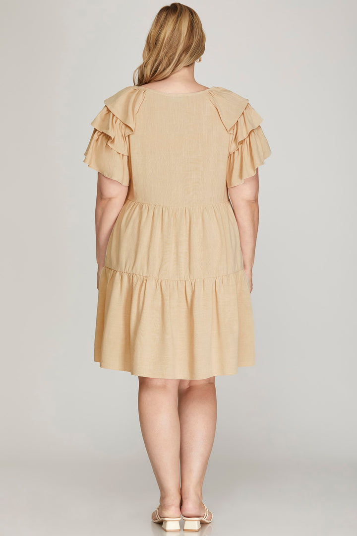 PLUS - RUFFLE SLEEVE V NECK TIERED WOVEN DRESS WITH SIDE POCKETS