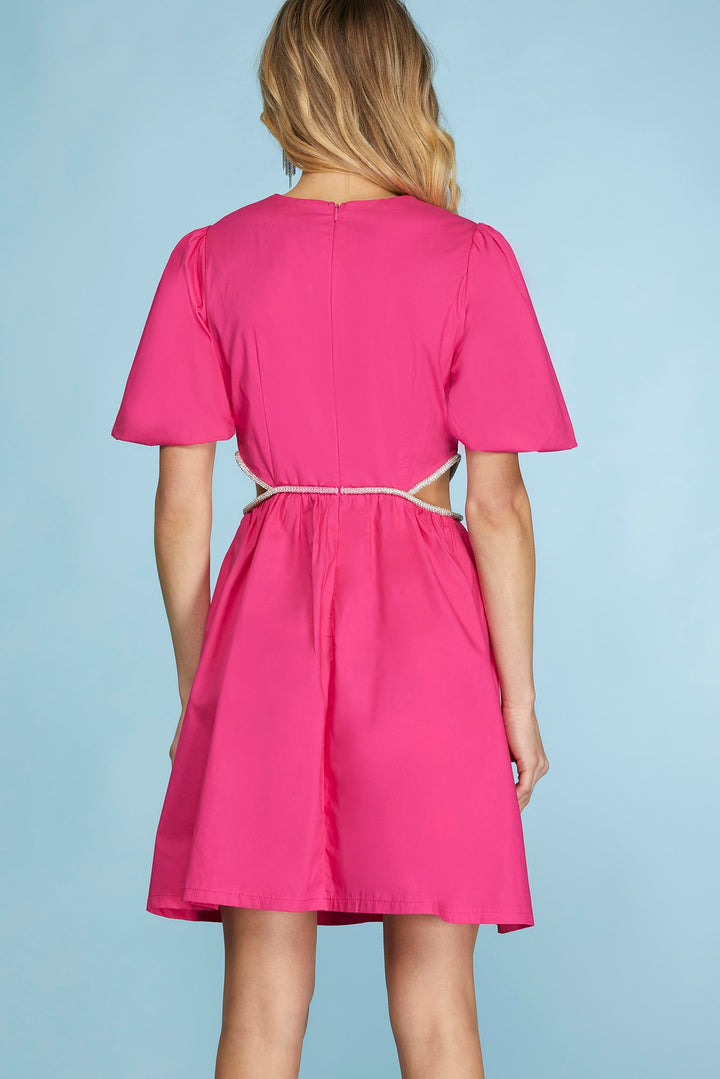 PUFF SLEEVE CUT-OUT WOVEN DRESS WITH BEADED DETAIL