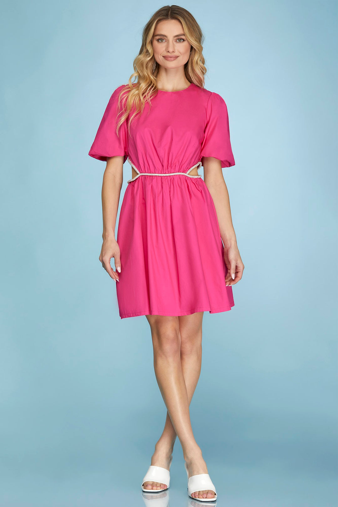 PUFF SLEEVE CUT-OUT WOVEN DRESS WITH BEADED DETAIL