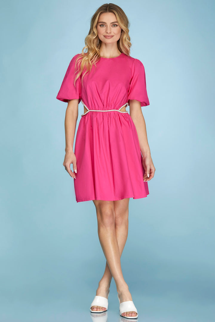 PUFF SLEEVE CUT-OUT WOVEN DRESS WITH BEADED DETAIL