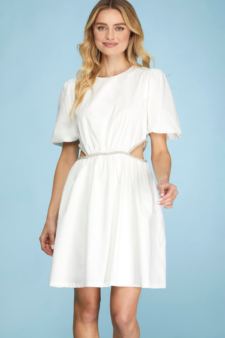 PUFF SLEEVE CUT-OUT WOVEN DRESS WITH BEADED DETAIL