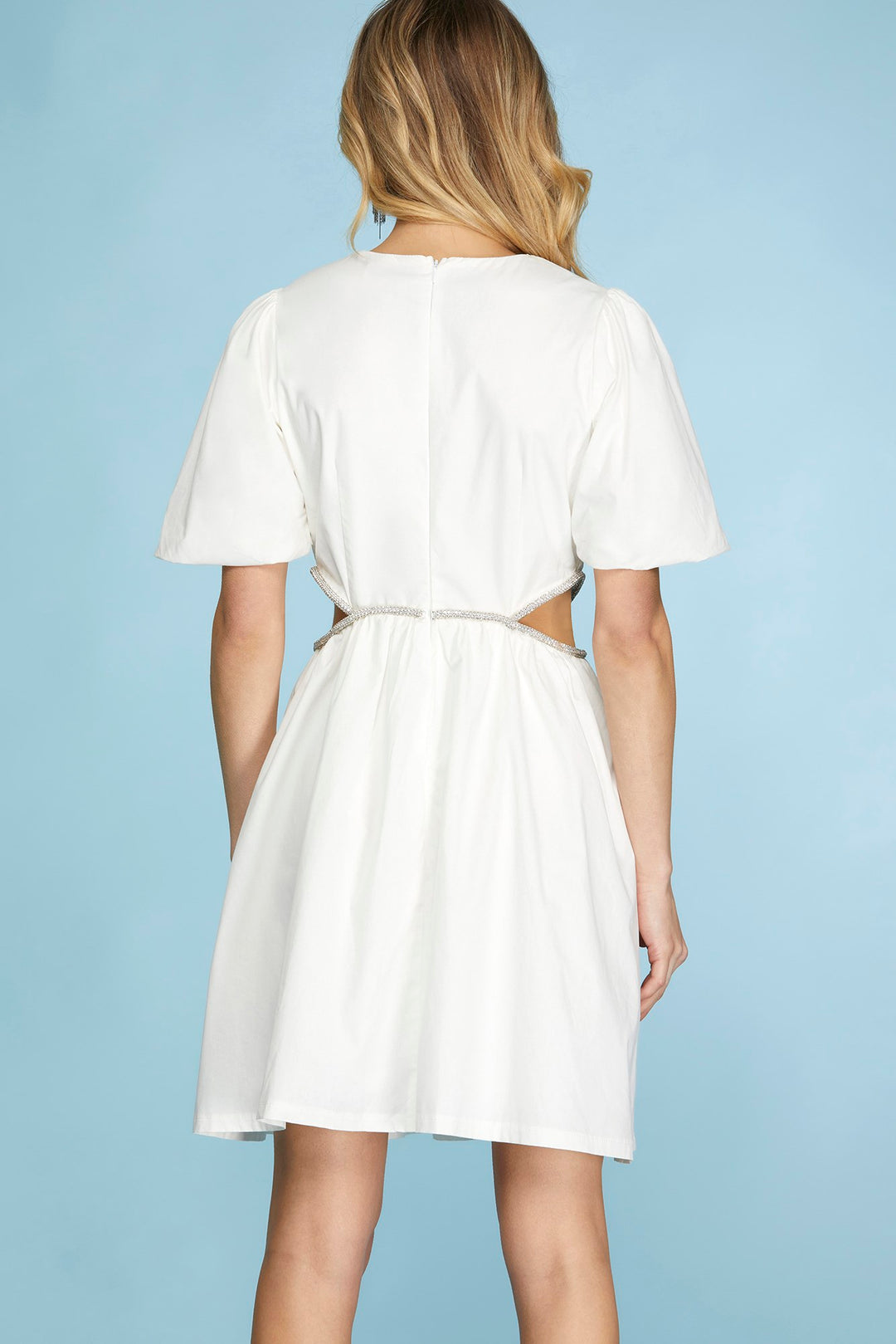 PUFF SLEEVE CUT-OUT WOVEN DRESS WITH BEADED DETAIL
