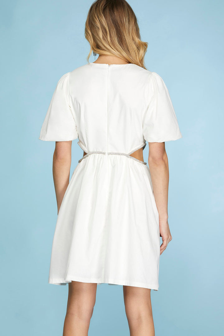 PUFF SLEEVE CUT-OUT WOVEN DRESS WITH BEADED DETAIL
