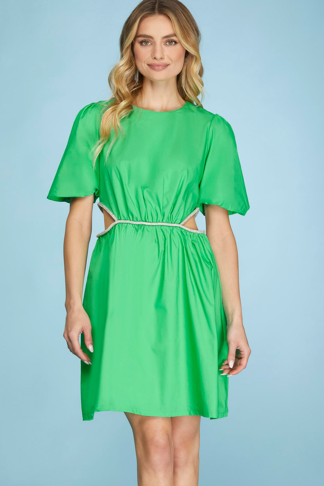 PUFF SLEEVE CUT-OUT WOVEN DRESS WITH BEADED DETAIL