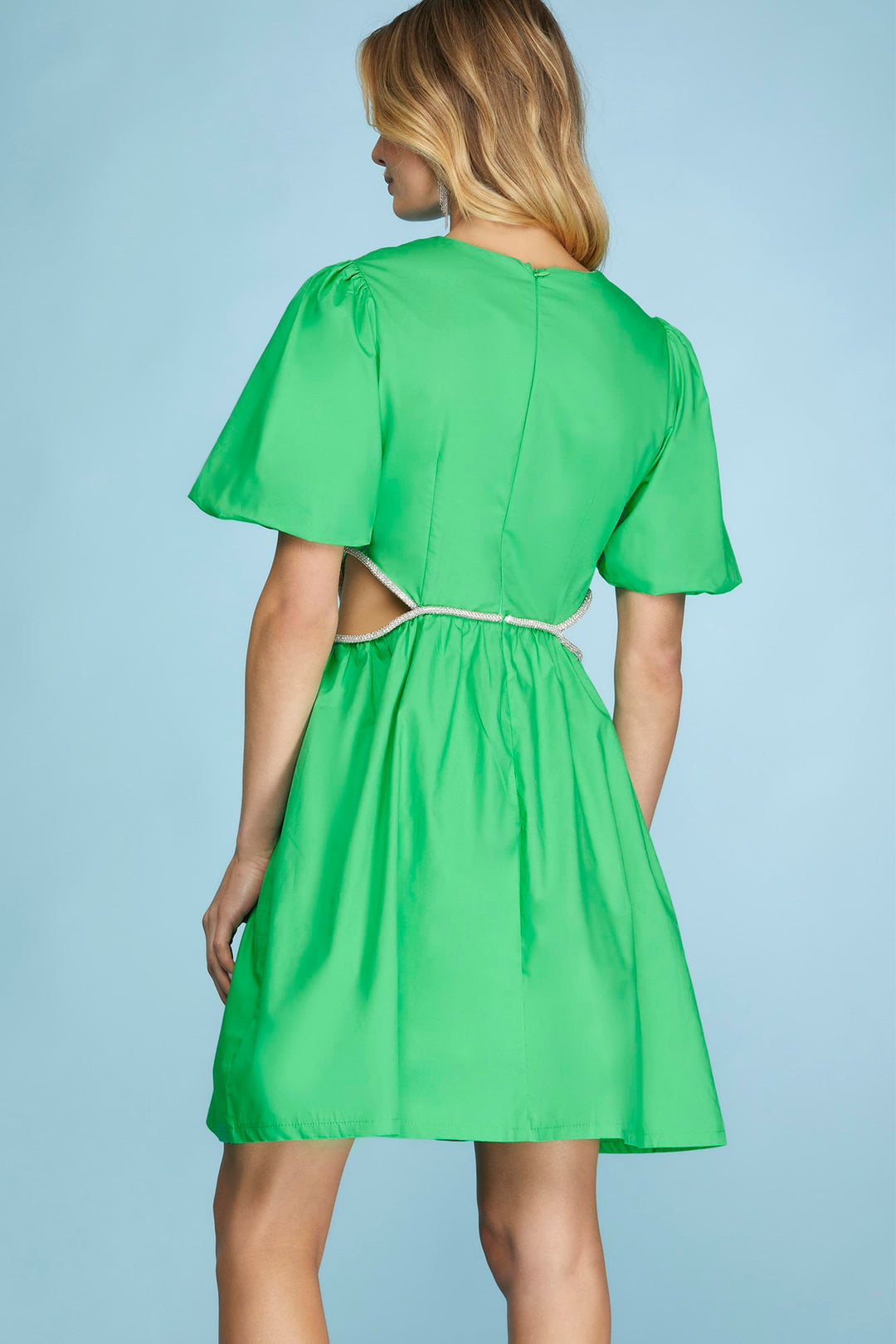 PUFF SLEEVE CUT-OUT WOVEN DRESS WITH BEADED DETAIL