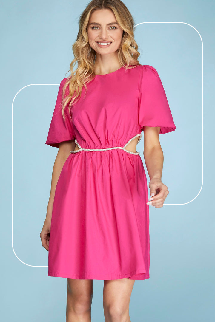 PUFF SLEEVE CUT-OUT WOVEN DRESS WITH BEADED DETAIL