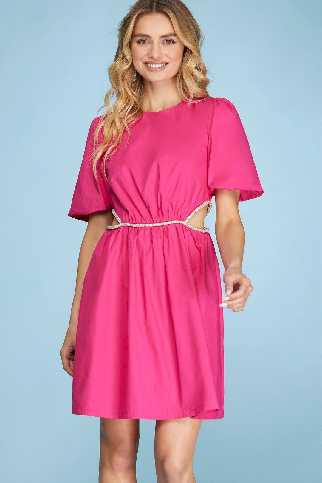 PUFF SLEEVE CUT-OUT WOVEN DRESS WITH BEADED DETAIL