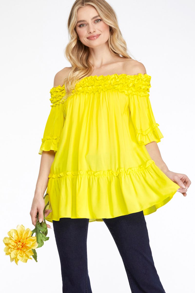 NEON YELLOW RUFFLED OFF SHOULDER TIERED TOP SKSY6273