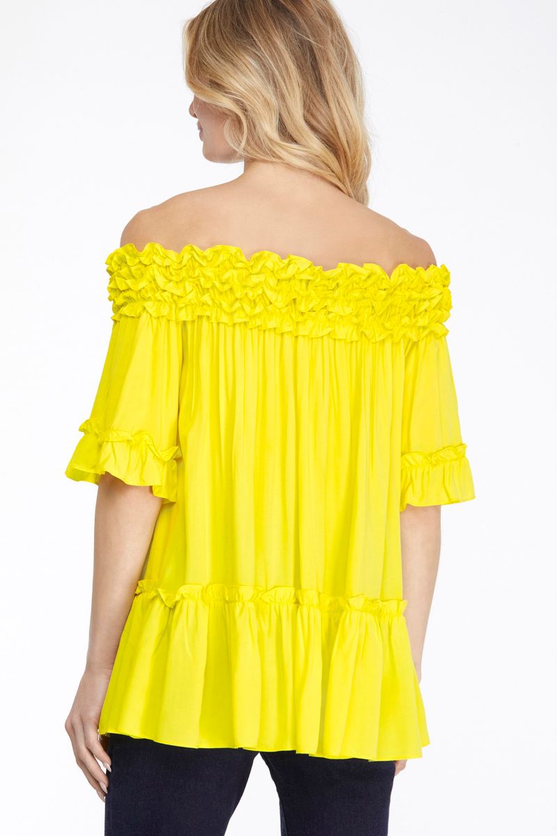 NEON YELLOW RUFFLED OFF SHOULDER TIERED TOP SKSY6273