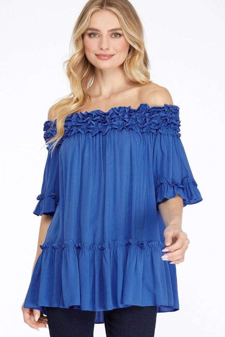 BLUE RUFFLED OFF SHOULDER TIERED TOP SKSY6273