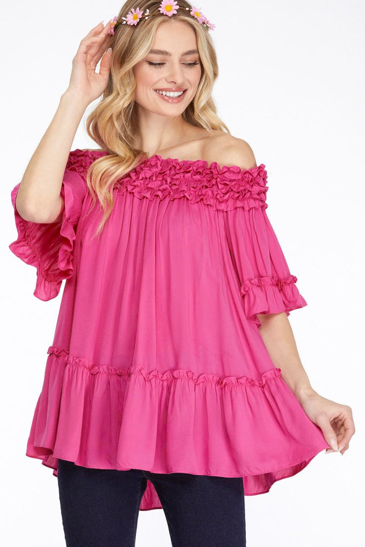 HOT PINK RUFFLED OFF SHOULDER TIERED TOP SKSY6273