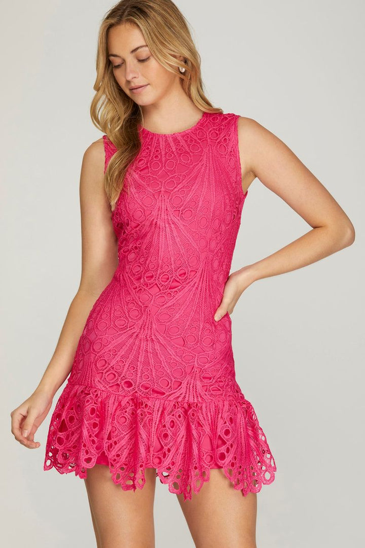 HOT PINK SLEEVELESS LACE SHEATH MINI DRESS