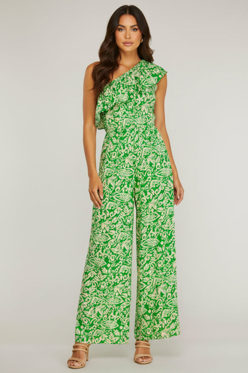 SLEEVELESS RUFFLE ASYMMETRIC WOVEN PRINT JUMPSUIT-SKSY6339