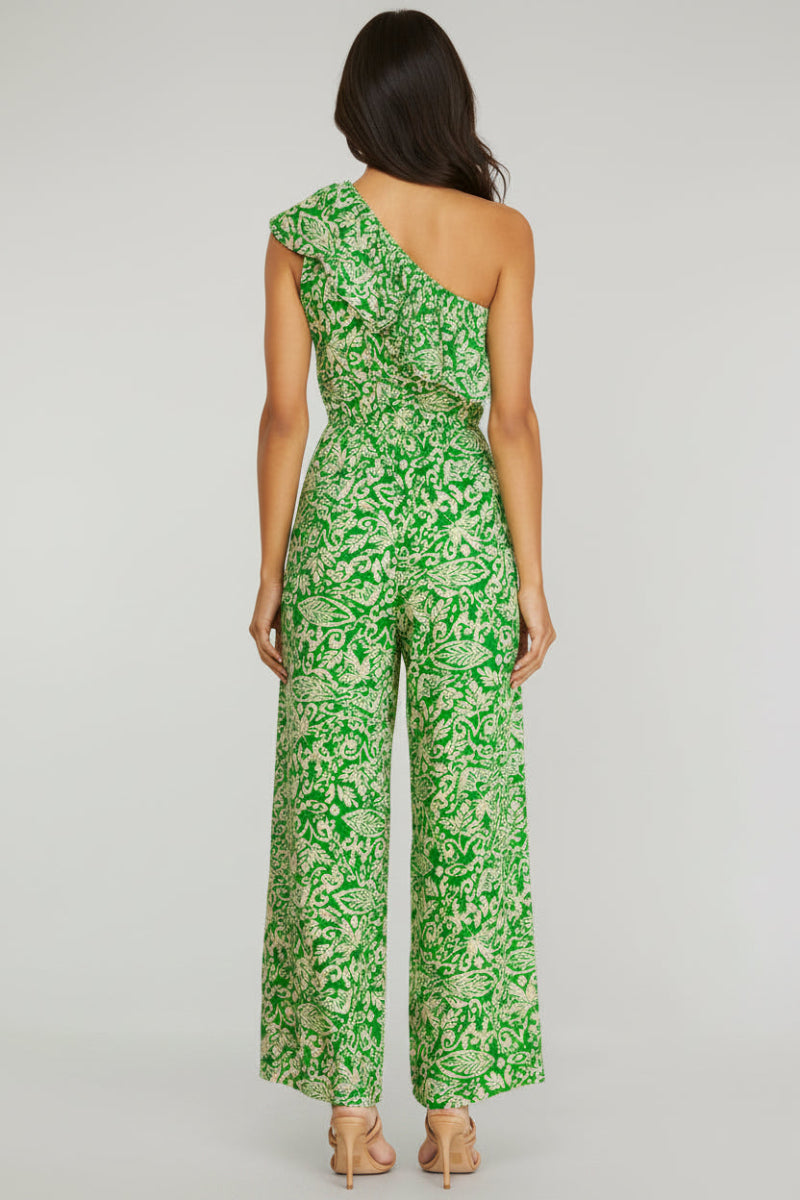 SLEEVELESS RUFFLE ASYMMETRIC WOVEN PRINT JUMPSUIT-SKSY6339
