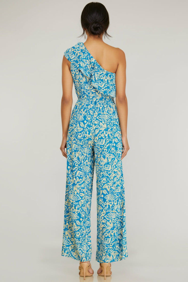 SLEEVELESS RUFFLE ASYMMETRIC WOVEN PRINT JUMPSUIT-SKSY6339