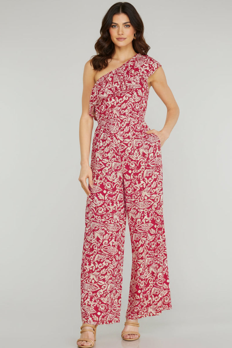 SLEEVELESS RUFFLE ASYMMETRIC WOVEN PRINT JUMPSUIT-SKSY6339