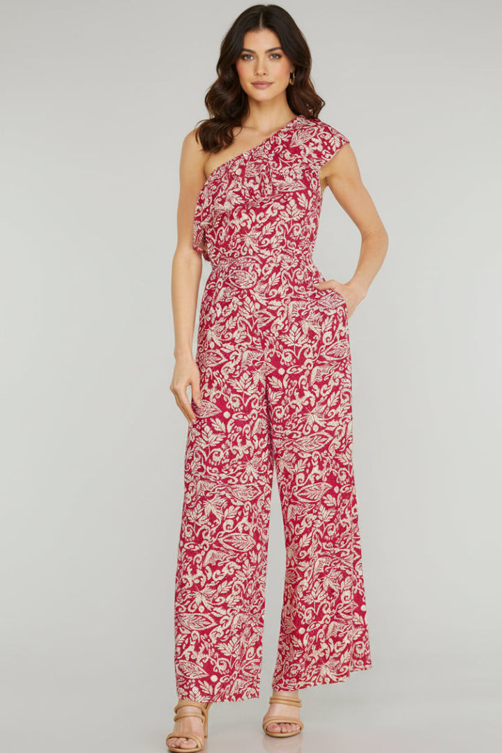 SLEEVELESS RUFFLE ASYMMETRIC WOVEN PRINT JUMPSUIT-SKSY6339