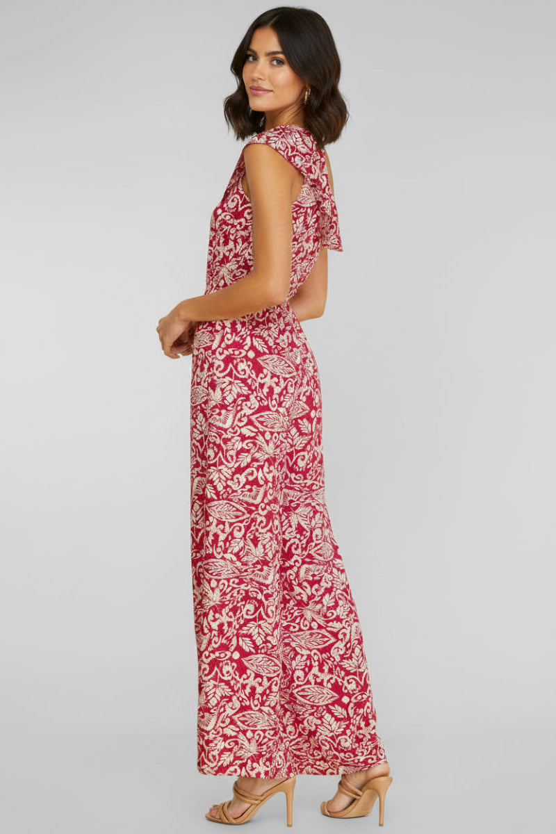 SLEEVELESS RUFFLE ASYMMETRIC WOVEN PRINT JUMPSUIT-SKSY6339