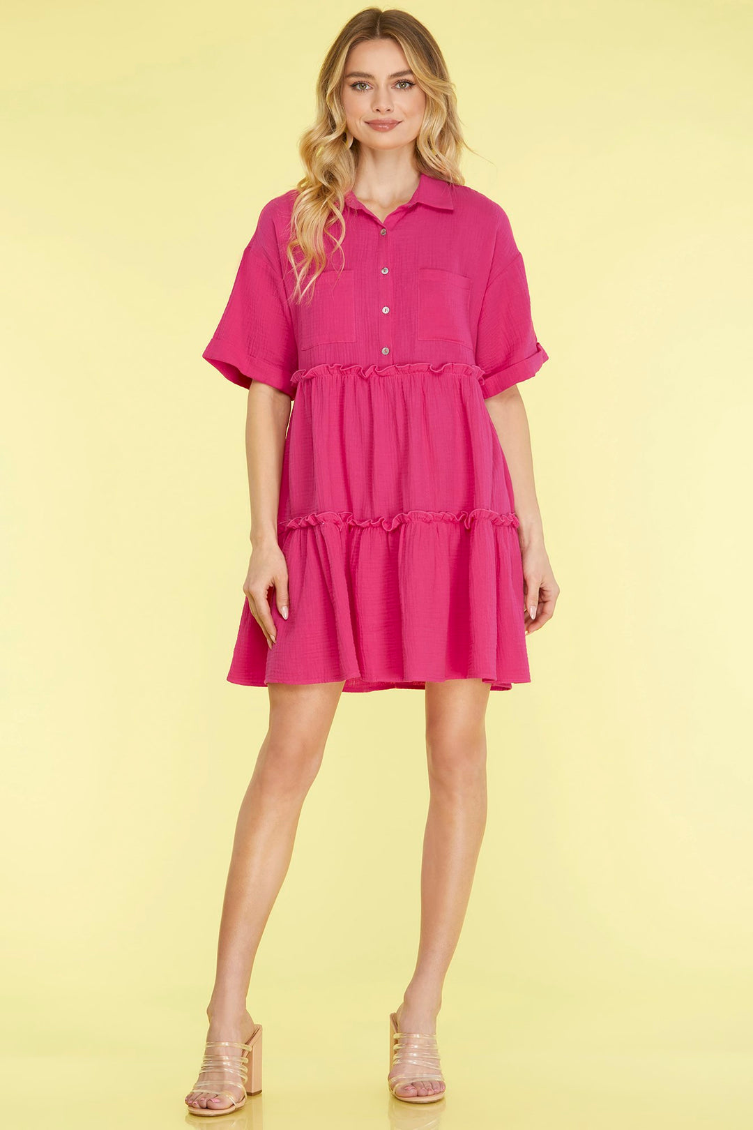 HALF SLEEVE BUTTON DOWN COLLARED TIERED GAUZE DRESS