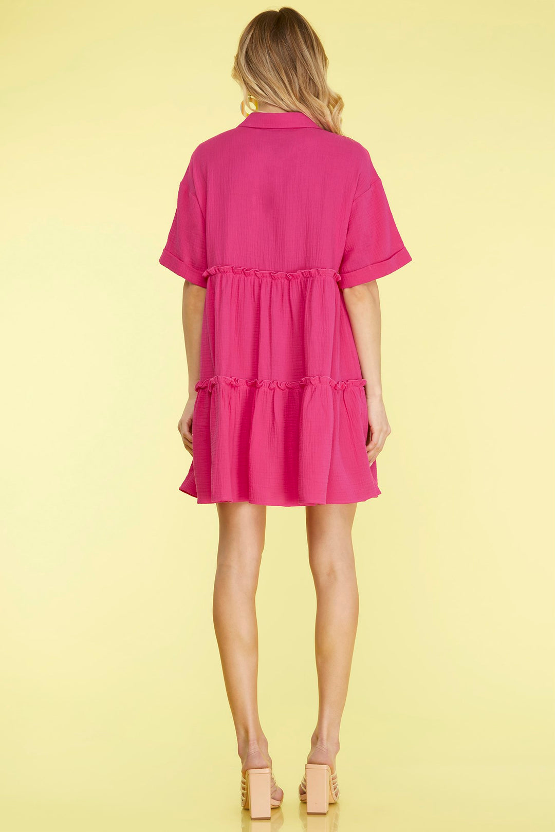 HALF SLEEVE BUTTON DOWN COLLARED TIERED GAUZE DRESS