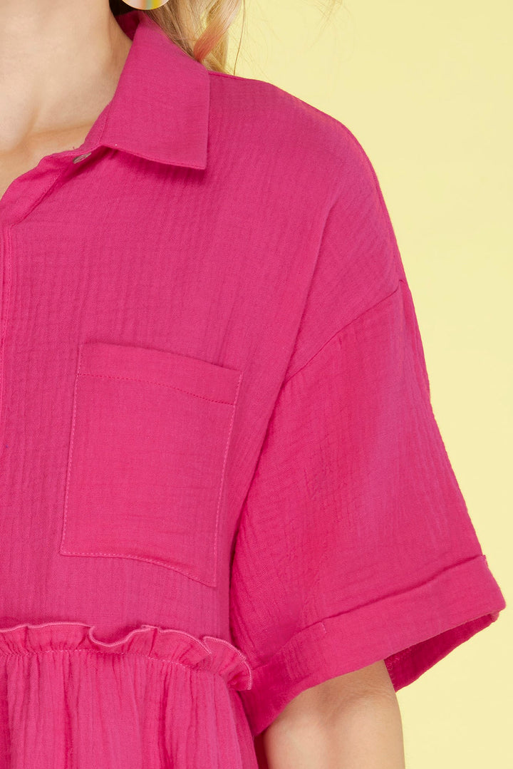 HALF SLEEVE BUTTON DOWN COLLARED TIERED GAUZE DRESS