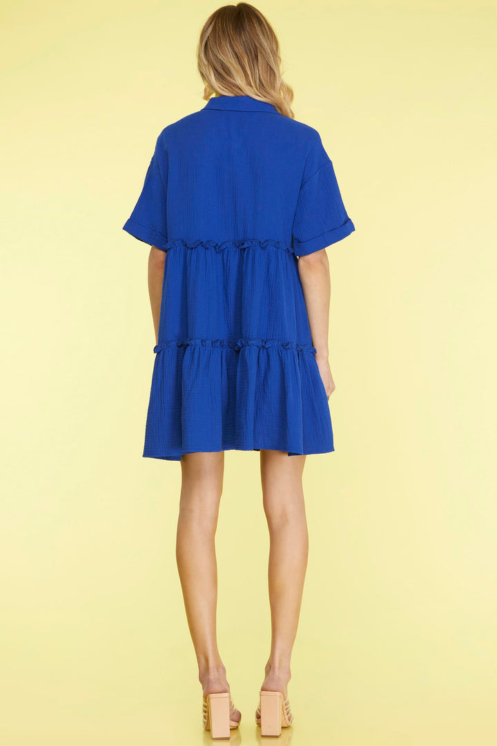 HALF SLEEVE BUTTON DOWN COLLARED TIERED GAUZE DRESS
