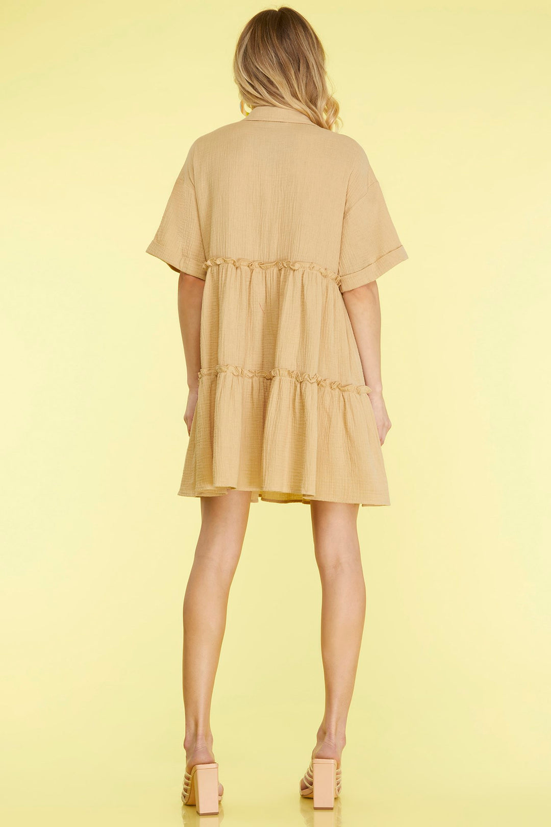 HALF SLEEVE BUTTON DOWN COLLARED TIERED GAUZE DRESS