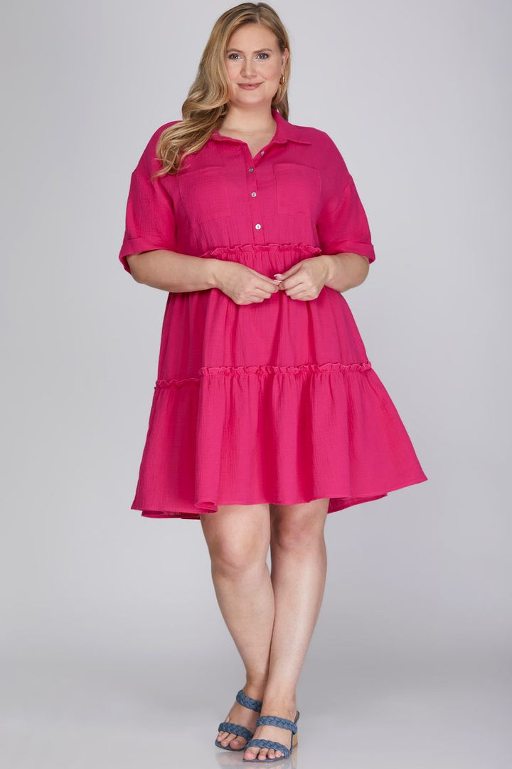 HOT PINK COLLARED TIERED GAUZE BUTTON DOWN WOVEN PLUS SIZE MINI DRESS SKPSY6243