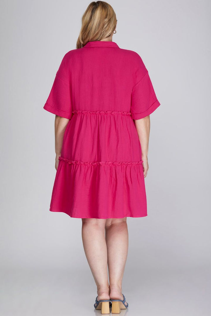 HOT PINK COLLARED TIERED GAUZE BUTTON DOWN WOVEN PLUS SIZE MINI DRESS SKPSY6243