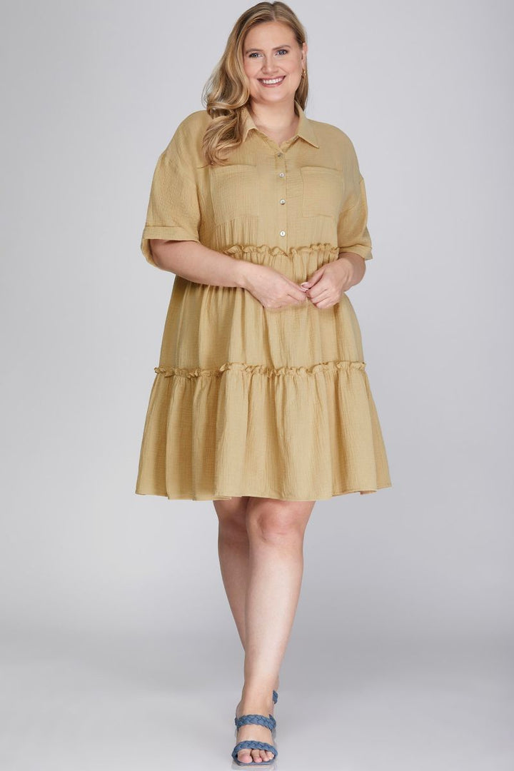 TAUPE COLLARED TIERED GAUZE BUTTON DOWN WOVEN PLUS SIZE MINI DRESS SPSY6243