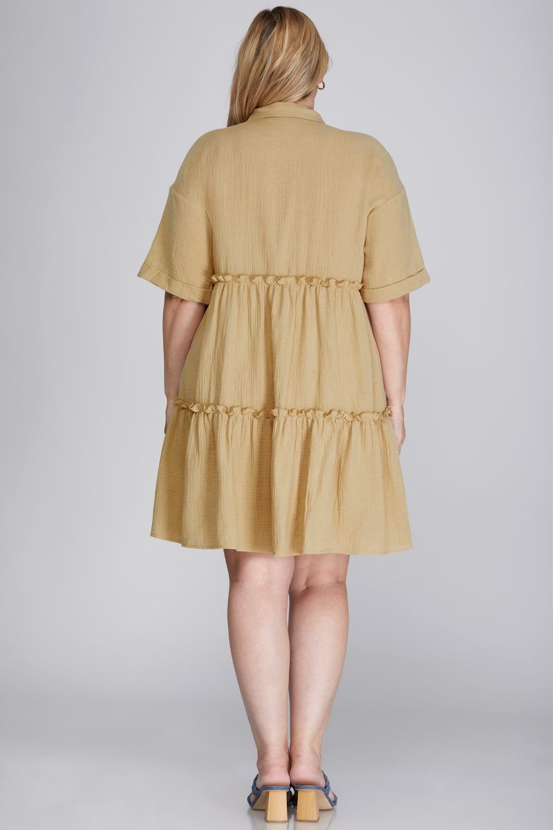 TAUPE COLLARED TIERED GAUZE BUTTON DOWN WOVEN PLUS SIZE MINI DRESS SPSY6243