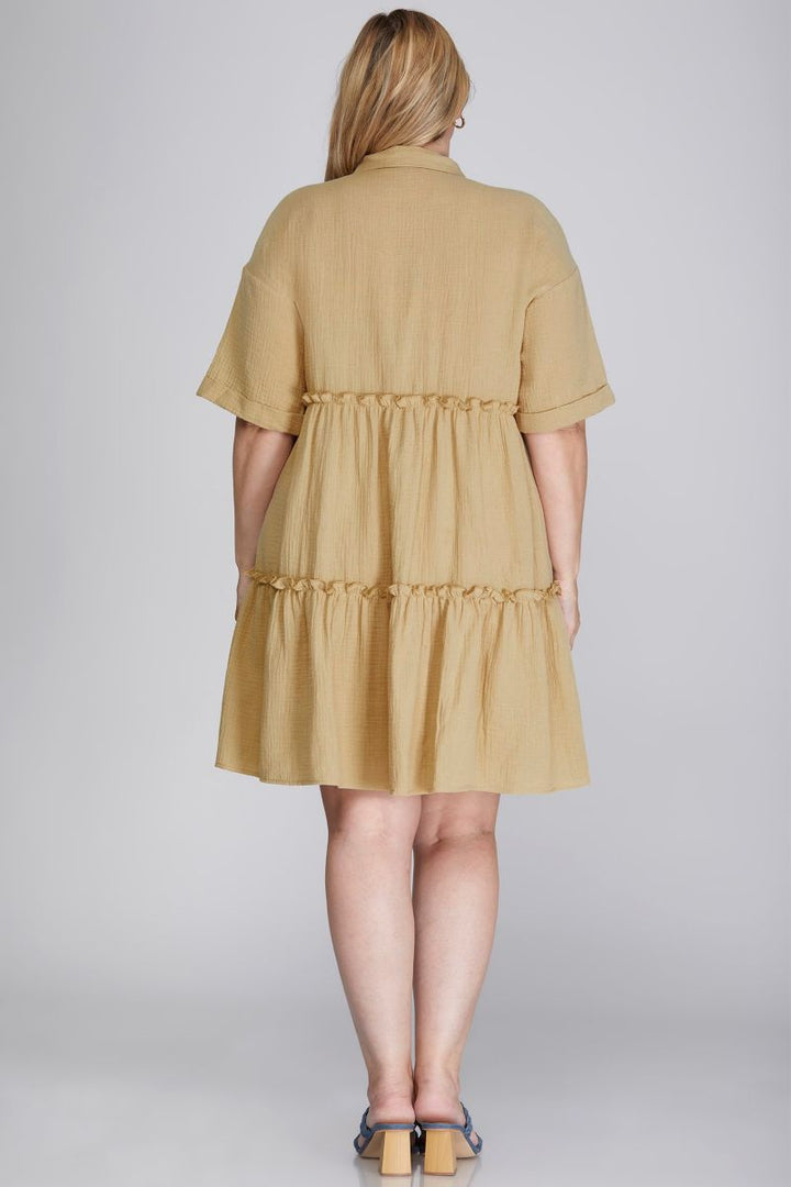 TAUPE COLLARED TIERED GAUZE BUTTON DOWN WOVEN PLUS SIZE MINI DRESS SPSY6243