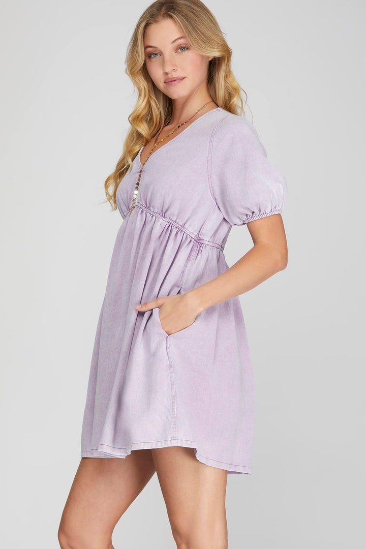 SHORT SLEEVE ELASTIC WAIST WASHED V NECK DRESS WITH SIDE POCKETS