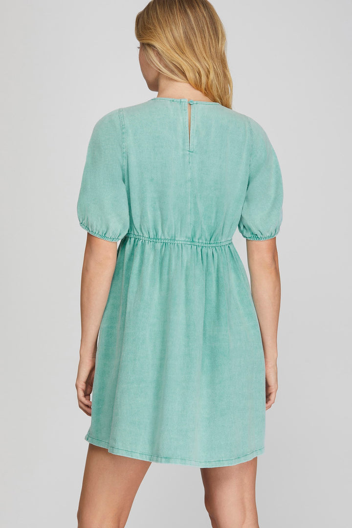 SHORT SLEEVE ELASTIC WAIST WASHED V NECK DRESS WITH SIDE POCKETS