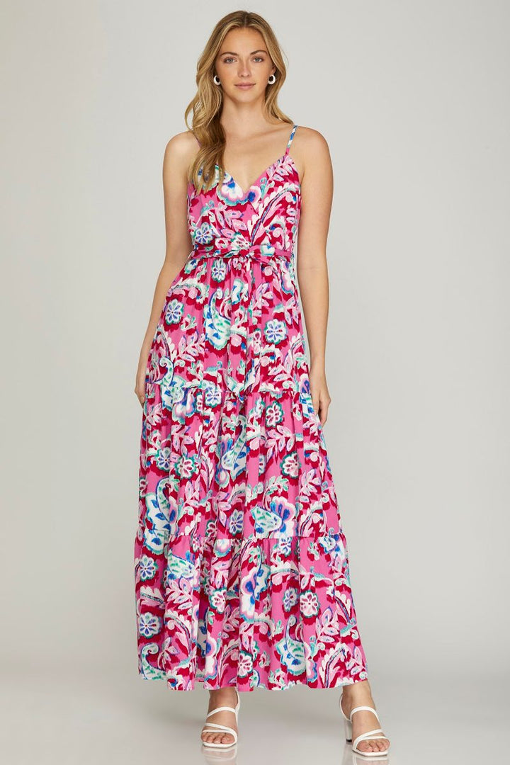 PINK SURPLICE FRONT TIE TIERED WOVEN MAXI DRESS SKSY6487