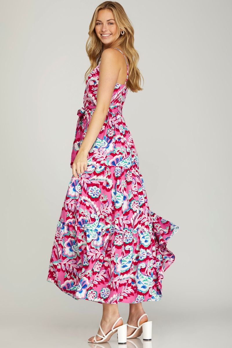 PINK SURPLICE FRONT TIE TIERED WOVEN MAXI DRESS SKSY6487