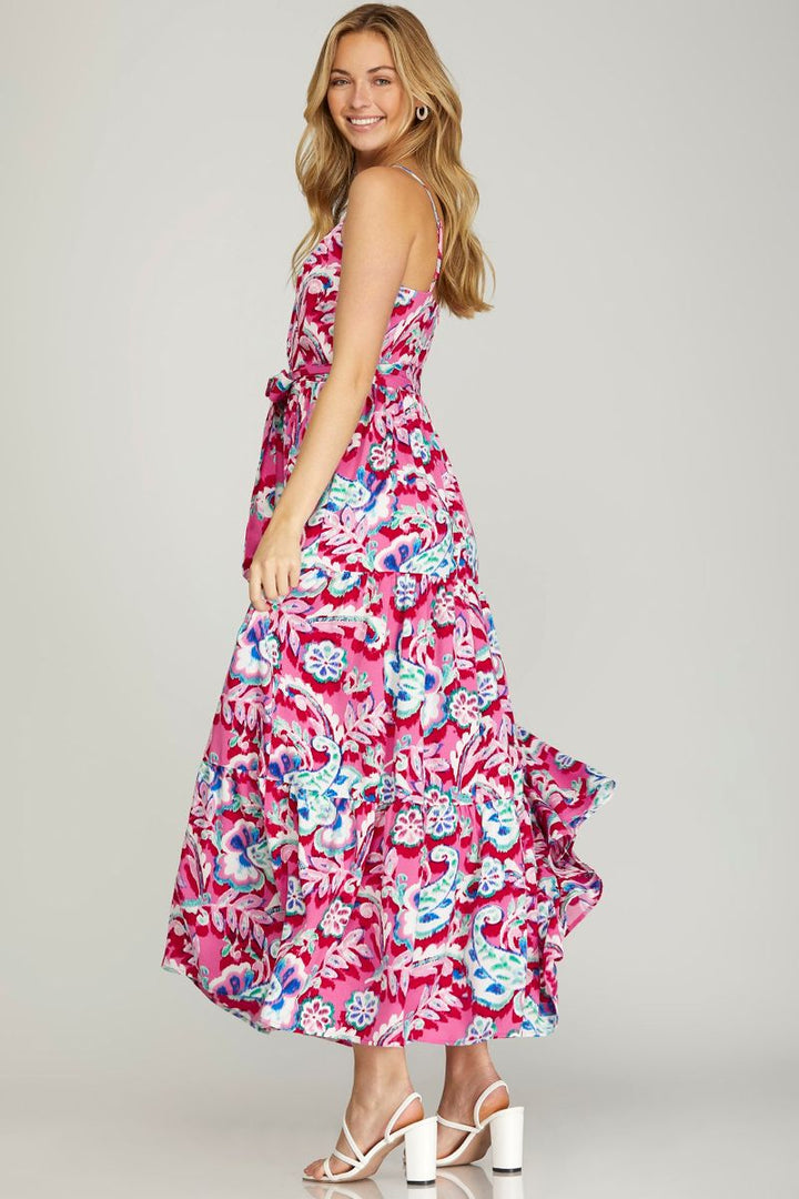 PINK SURPLICE FRONT TIE TIERED WOVEN MAXI DRESS SKSY6487