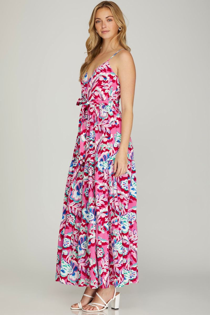 PINK SURPLICE FRONT TIE TIERED WOVEN MAXI DRESS SKSY6487