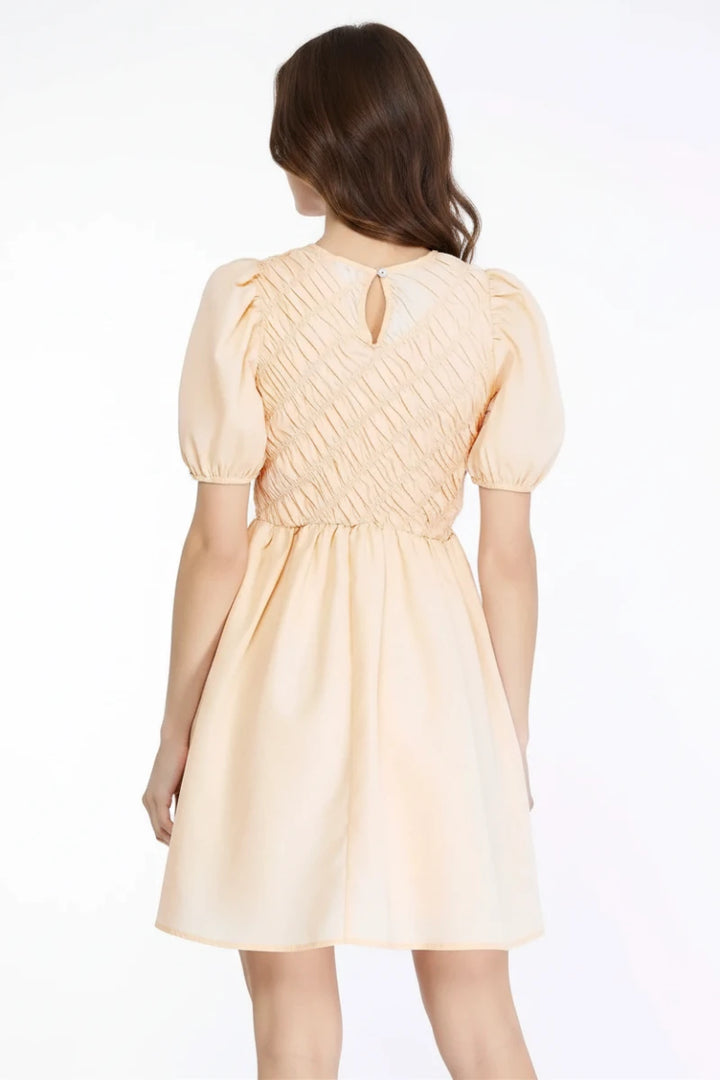 PUFF SLEEVES SMOCK DETAILED WOVEN MINI DRESS*