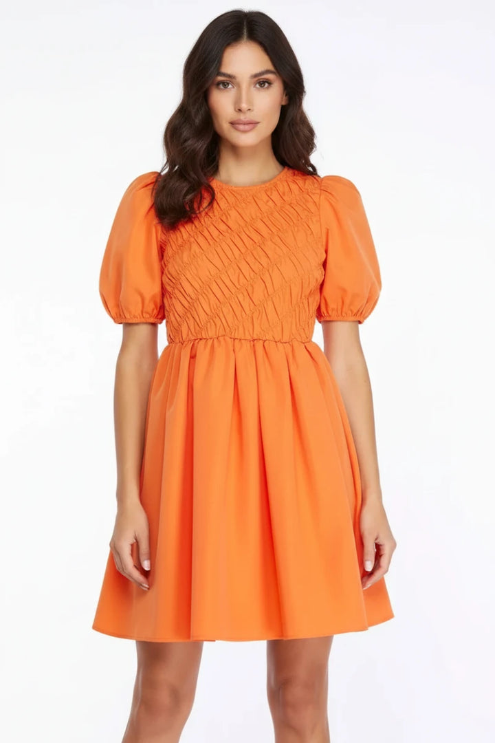 PUFF SLEEVES SMOCK DETAILED WOVEN MINI DRESS*