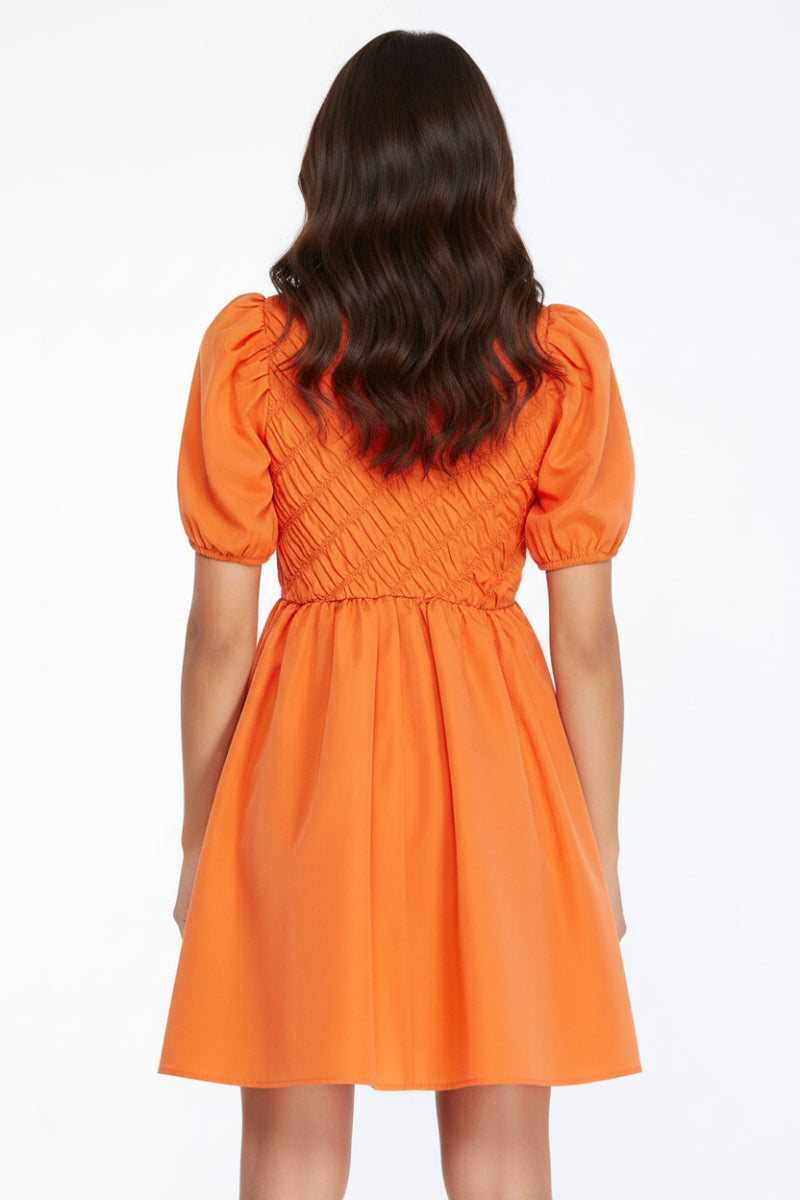 PUFF SLEEVES SMOCK DETAILED WOVEN MINI DRESS*