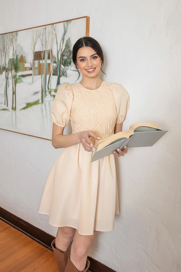 PUFF SLEEVES SMOCK DETAILED WOVEN MINI DRESS*