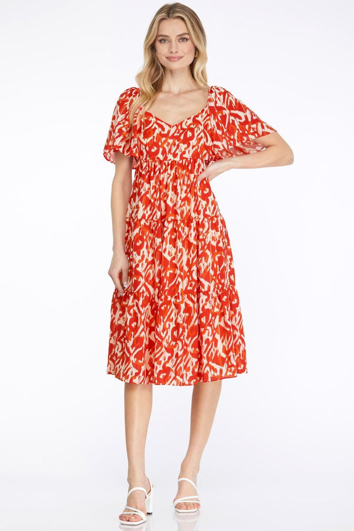 RED SWEETHART NECK TIERED BACK TIE DETAILD MIDI DRESS