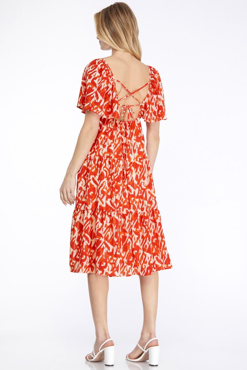 RED SWEETHART NECK TIERED BACK TIE DETAILD MIDI DRESS