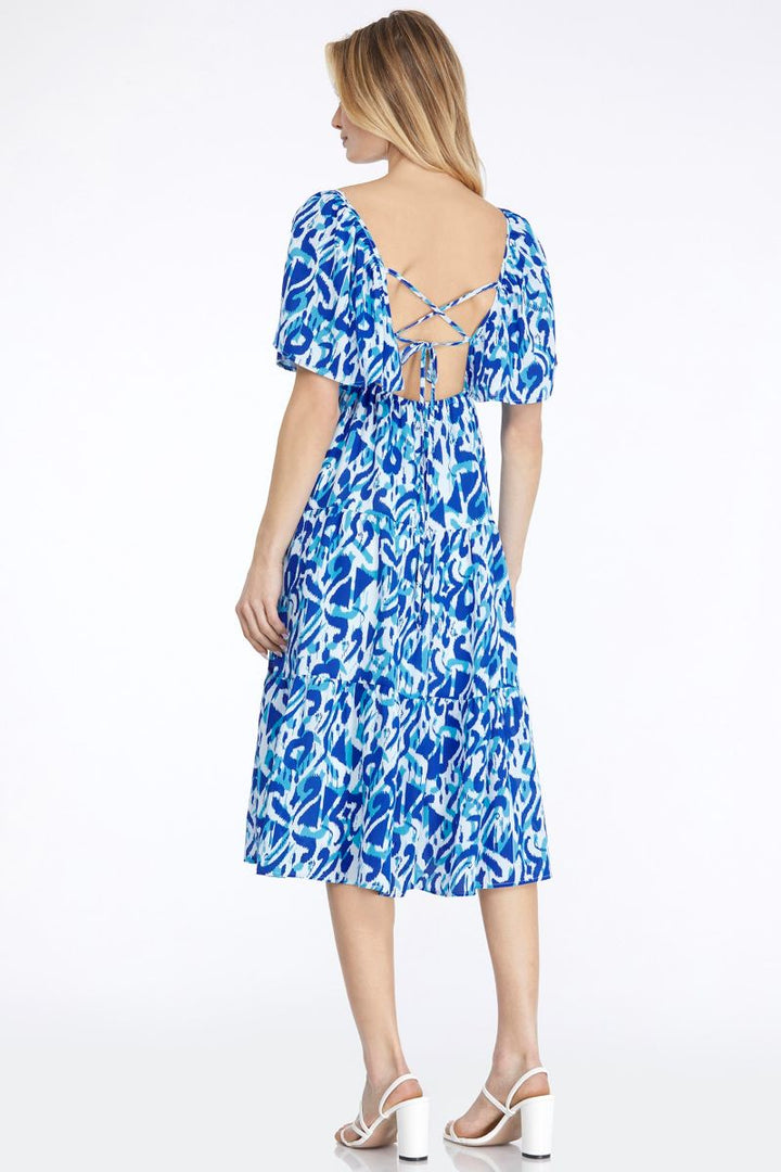 BLUE SWEETHART NECK TIERED BACK TIE DETAILD MIDI DRESS